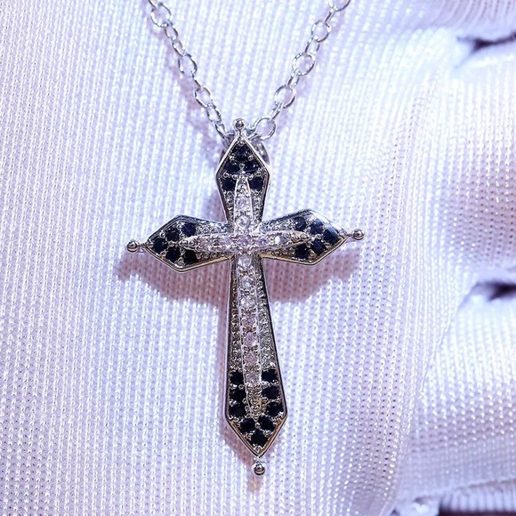 New Men Women Religious Cross Sapphire Necklace - Picture 2 of 6